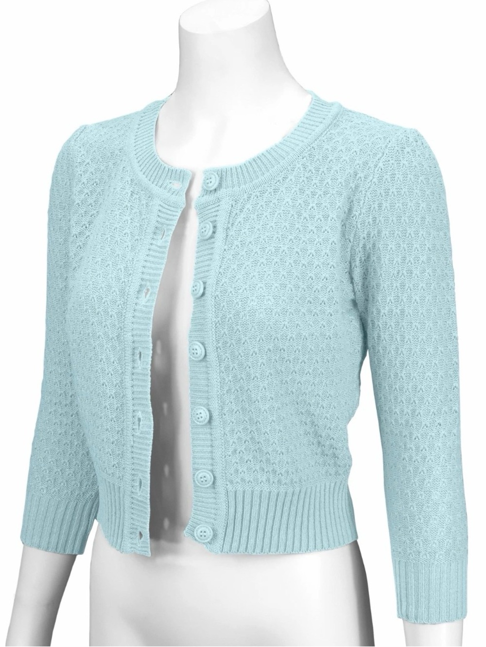 YEMAK Blue Knit Pattern Cropped Button-Down Casual Cardigan Sweater Medium